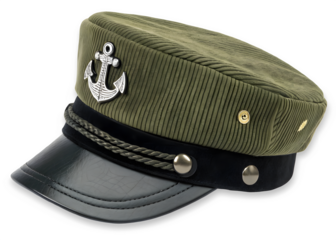 Stylish green corduroy sailor cap featuring an intricate silver anchor emblem isolated on transparent background