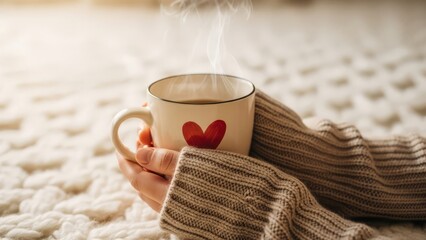 Valentines cozy hands holding steaming mug warm drink love heart copy space