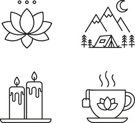 Fototapeta premium Minimalist wellness line icon set featuring lotus flower camping mountains landscape candles and hot tea cup for relaxation designs.