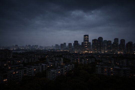 A panoramic view of a modern metropolis on a rainy night. Dark silhouettes of residential buildings and illuminated office skyscrapers under thick storm clouds. An atmospheric cityscape in blue and gr