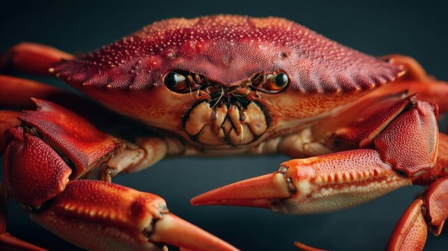 Vibrant red crab close-up with detailed texture and sharp claws.
