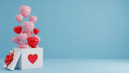 Valentines heart balloons floating from a gift box celebration with blue copy space