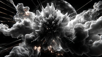 3D rendering of explosion, smoke, shock wave and divergent waves, isolated on black background. View of the camera from the top	