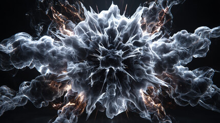 3D rendering of explosion, smoke, shock wave and divergent waves, isolated on black background. View of the camera from the top	