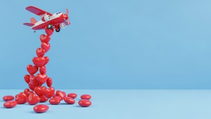 Valentines red airplane dropping hearts romantic love concept copy space