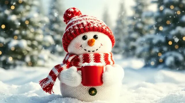 A cheerful snowman in a red and white winter scene with Christmas trees in the background video . use as multipurpose tittle intro, background. product mockup. motion graphics background