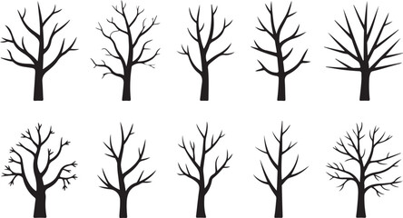 Naked trees silhouettes set. Hand drawn isolated illustrations