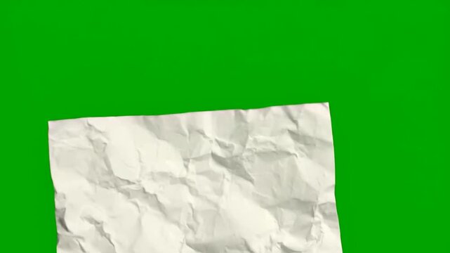 A crumpled piece of paper on a green screen background for video production needs . use as multipurpose tittle intro, background. product mockup. motion graphics background