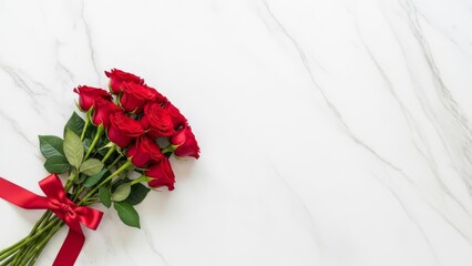 Valentines red roses bouquet with ribbon on marble background with ample copy space