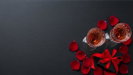 Valentines romantic wine glasses roses gift box copy space