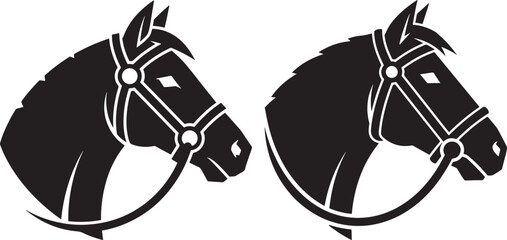 Silhouette of two horses head with bridle drawing