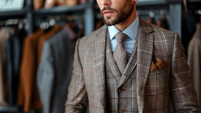 A man stands in a clothing store, trying on a tailored suit. He adjusts his tie while looking in the mirror. Surrounding him are various suits on hangers. It is a busy afternoon