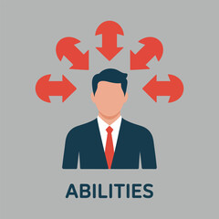 Businessman with arrows indicating abilities and skills, vector illustration