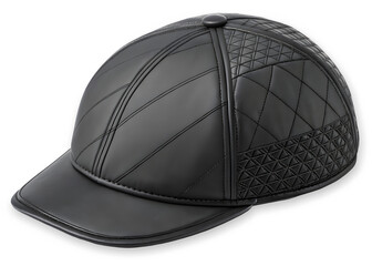 Luxury black leather baseball cap featuring unique quilted diamond and geometric patterns isolated on transparent background