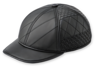 Luxury black leather baseball cap featuring unique quilted diamond and geometric patterns isolated on transparent background