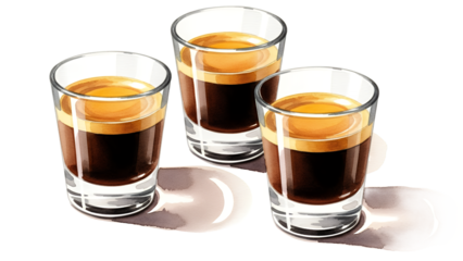 Three espresso shots arranged in a triangular formation on a white surface with shadows