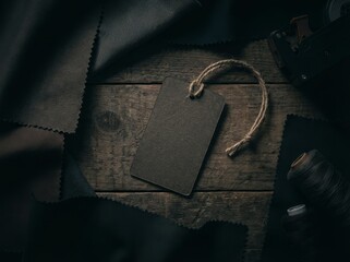 Blank price tag on rustic wooden surface with fabric details