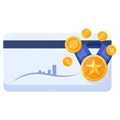Blue Credit Card with Gold Star Medal and Floating Coins