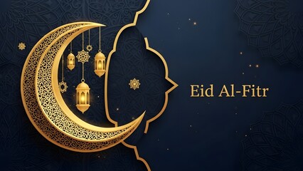 Eid al fitr greeting with golden crescent moon and lanterns