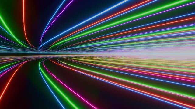 Glowing neon rays motion in space, lightspeed journey through time continuum. Abstract speed lines in vibrant colors. 3D render