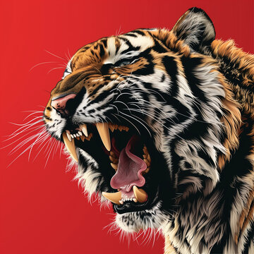 Roaring tiger head in profile on a bold red background, hyper-detailed illustration with open mouth, power, aggression and raw energy