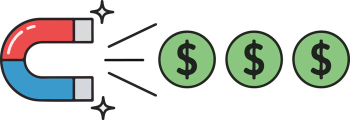 A flat vector illustration of a red and blue horseshoe magnet attracting three green dollar coins, symbolizing wealth attraction and financial success.