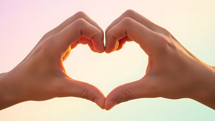 Fototapeta premium Two hands forming a heart shape glowing with warm light against a colorful pastel sky isolated on white background