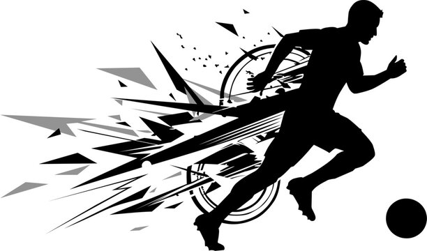 Black silhouette of a soccer player dribbles the ball expertly. Perfect for sports websites, social media graphics, and athletethemed designs.