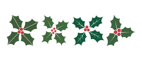 christmas holly leaves and berries on white background, vector illustration