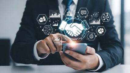 Businessman using smartphone with digital interface icons