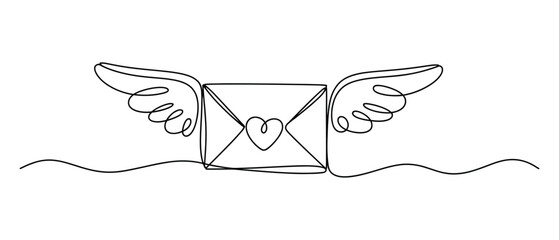 line drawing of envelope with wings and heart, vector illustration