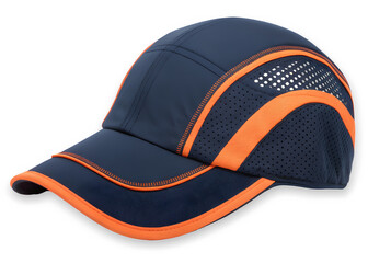A breathable navy blue and orange sports cap featuring mesh ventilation panels for outdoor activities isolated on transparent background