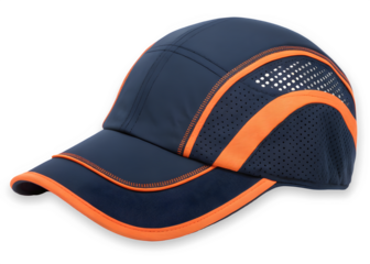 A breathable navy blue and orange sports cap featuring mesh ventilation panels for outdoor activities isolated on transparent background