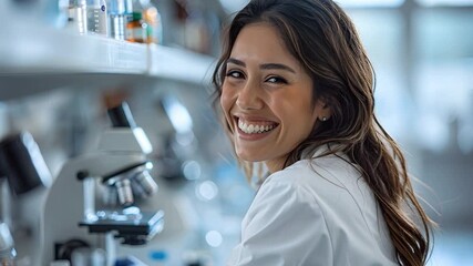 A scientist is in a laboratory setting, standing near a microscope and looking happy. She is likely conducting research. The environment is filled with various lab equipment and materials