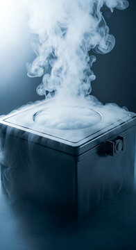Dry ice sublimates rapidly in a metal container, producing dense white vapor that rises into the air, surrounded by a dark background.
