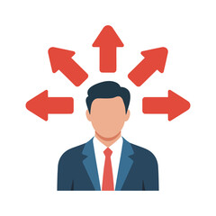 man in suit with multiple direction arrows on head, vector illustration