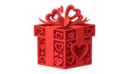 A red gift box with intricate heart cutouts and a bow is presented against a white backdrop.