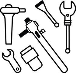  Plumbing tools collection with pipe wrench line art illustration