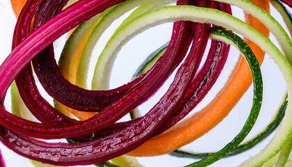 Vibrant spiralized vegetables including zucchini beet and carrot artfully arranged for healthy eating