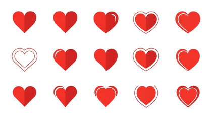 Collection of fifteen red heart icons in various styles and outlines.