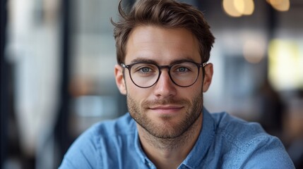 Obraz premium Confident man in glasses, cafe background, portrait for website