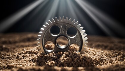 Single metal gear resting on granular material with dramatic lighting highlighting its intricate design and industrial significance