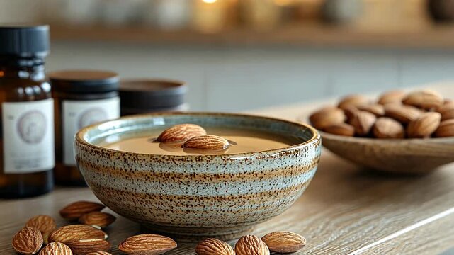 Almond oil and nuts in a bowl on a wooden table. The background is blurred.
