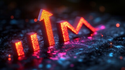 3D graphic of glowing red upward and downward bar graph on dark surface