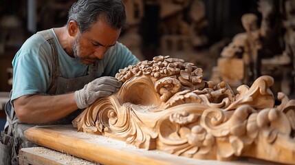 Craftsman carves ornate wood, workshop background