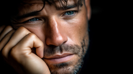 Fototapeta premium Man in deep thought. A man rests his chin on his hand while staring into the distance, deep in thought.