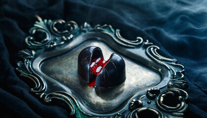 Luxury dark chocolate truffle with a vibrant red fruit filling, artfully presented on an ornate silver tray against a dark, textured backdrop