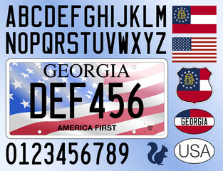 Georgia US state car license plate pattern 2026 America First, letters, numbers and symbols, vector illustration, USA