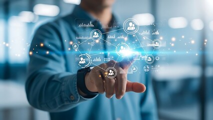 man interacting with virtual network connections and data visualization