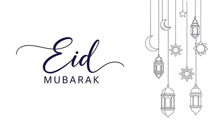 Eid Mubarak festive greeting with hanging lanterns and stars
